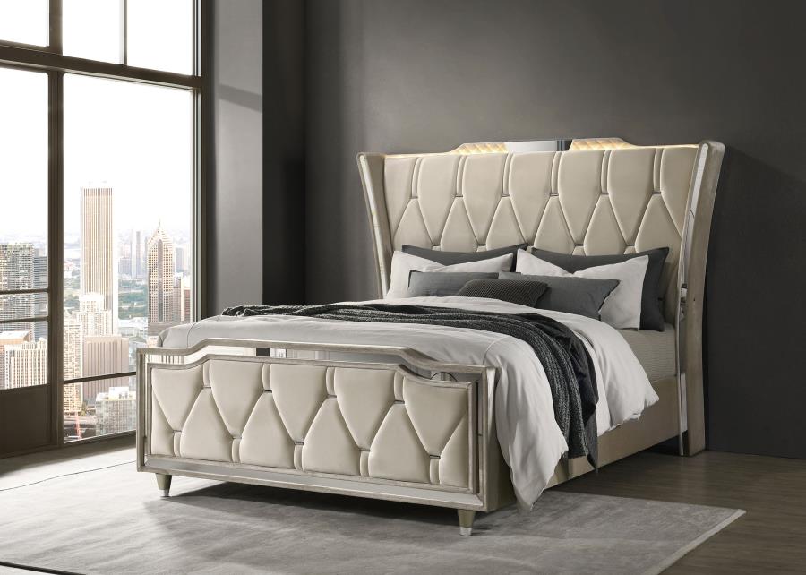Lorient Queen LED Upholstered Wingback Bed - Ivory and Camel
