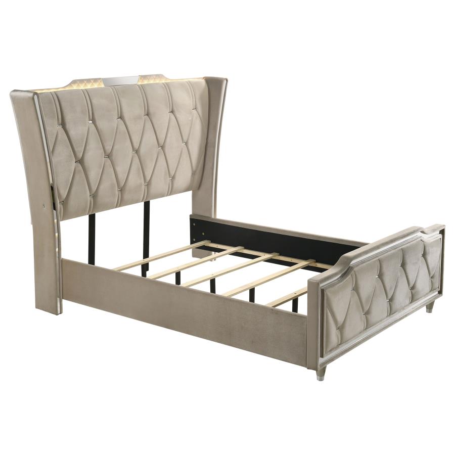 Lorient Queen LED Upholstered Wingback Bed - Ivory and Camel