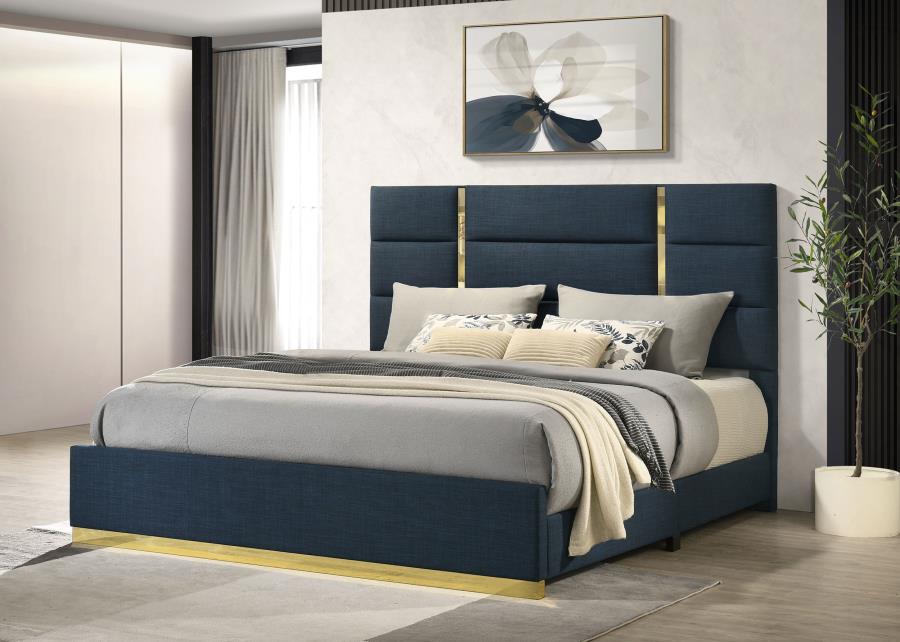 Ines 56-inch Fabric Upholstered Eastern King Panel Bed - Navy