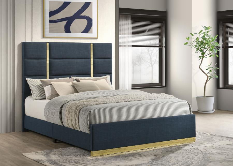 Ines 56-inch Fabric Upholstered Queen Panel Bed - Navy