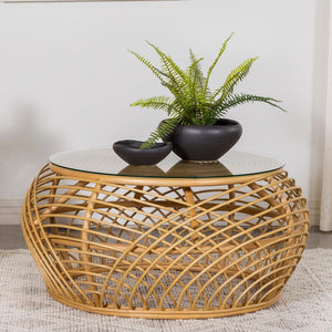 Dahlia Round Glass Top Woven Rattan Coffee Table - Natural