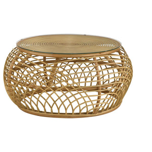 Dahlia Round Glass Top Woven Rattan Coffee Table - Natural