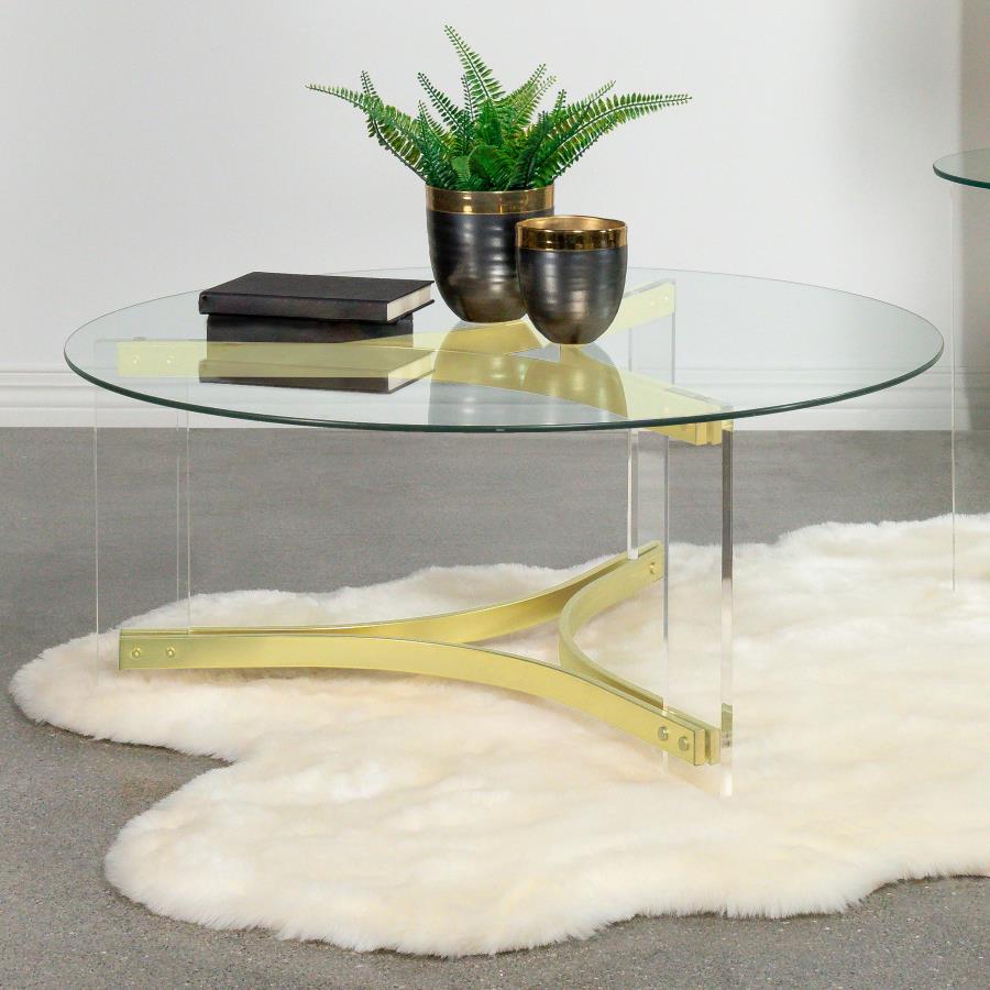Janessa Round Glass Top Acrylic Leg Coffee Table - Matte Brass