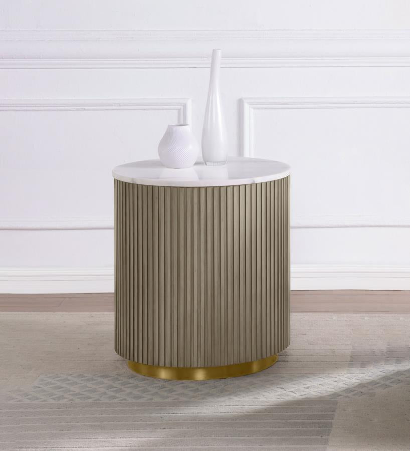 Jason Round White Marble Top Side End Table - Greige