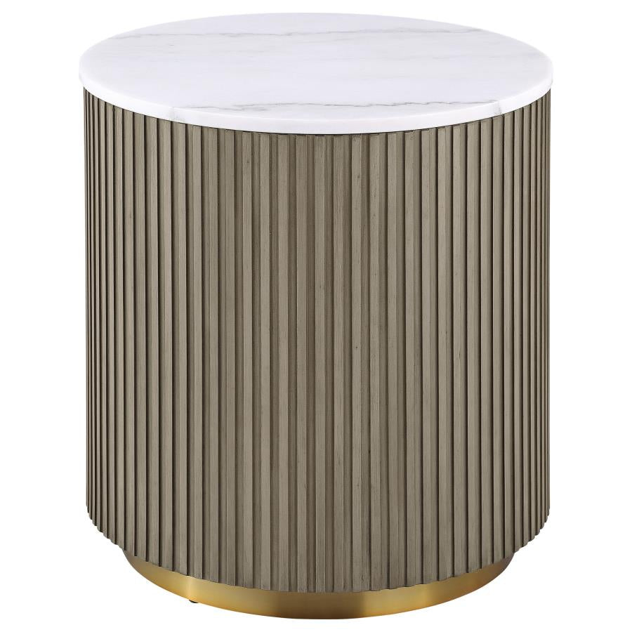 Jason Round White Marble Top Side End Table - Greige