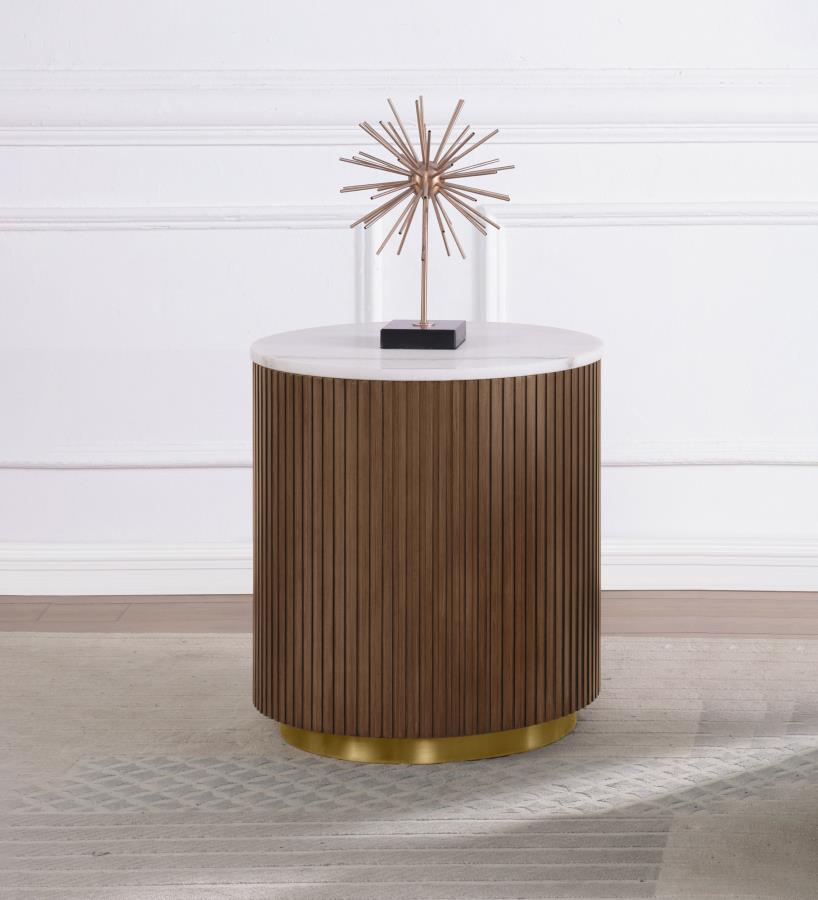Jason Round White Marble Top Side End Table - Honey Brown