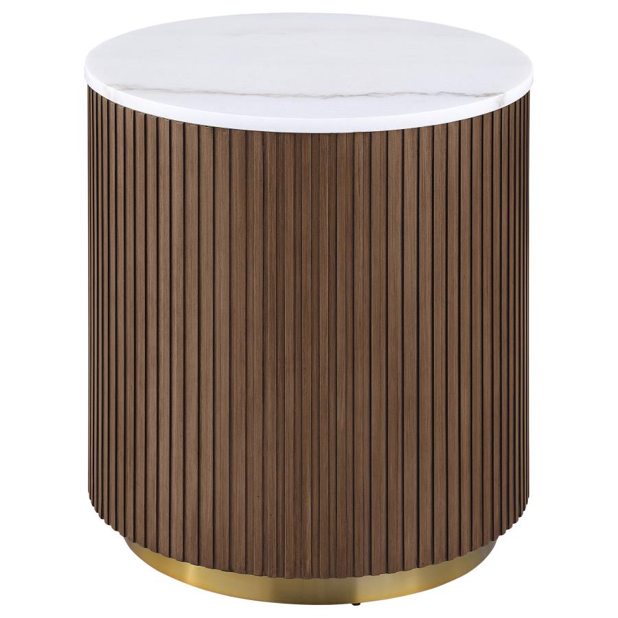 Jason Round White Marble Top Side End Table - Honey Brown