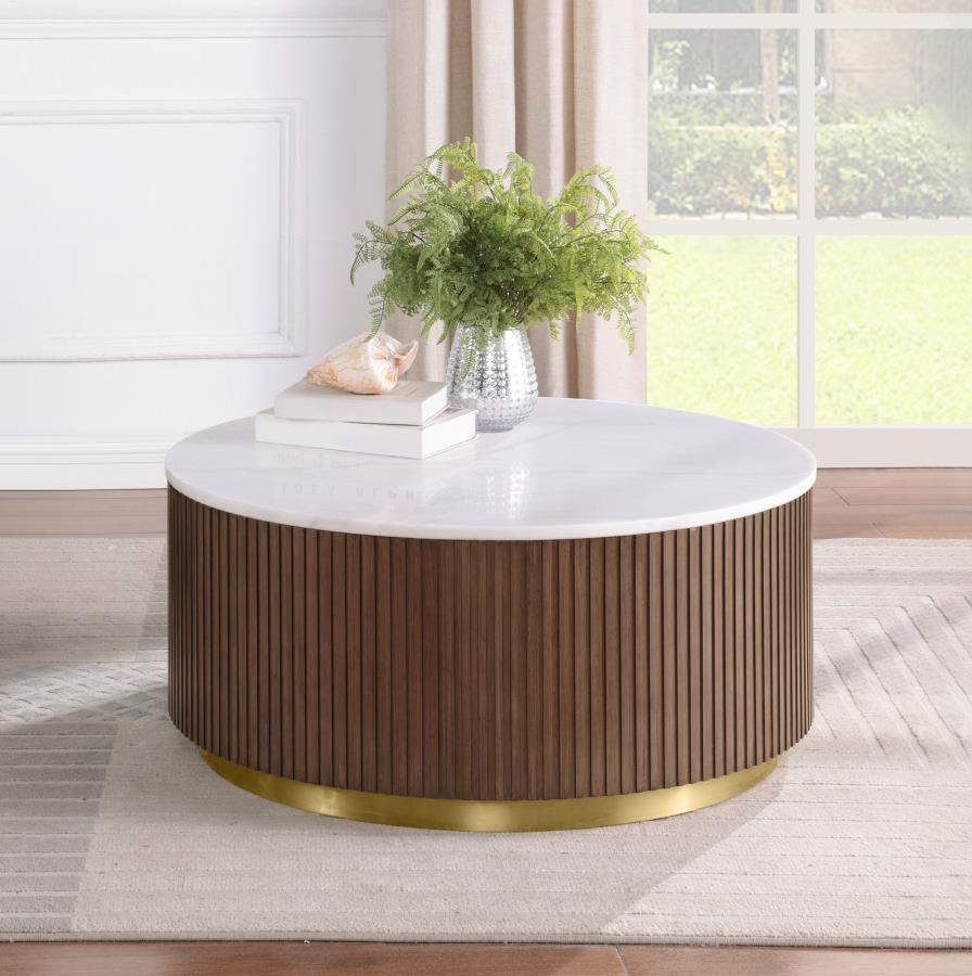 Jason Round White Marble Top Coffee Table - Honey Brown