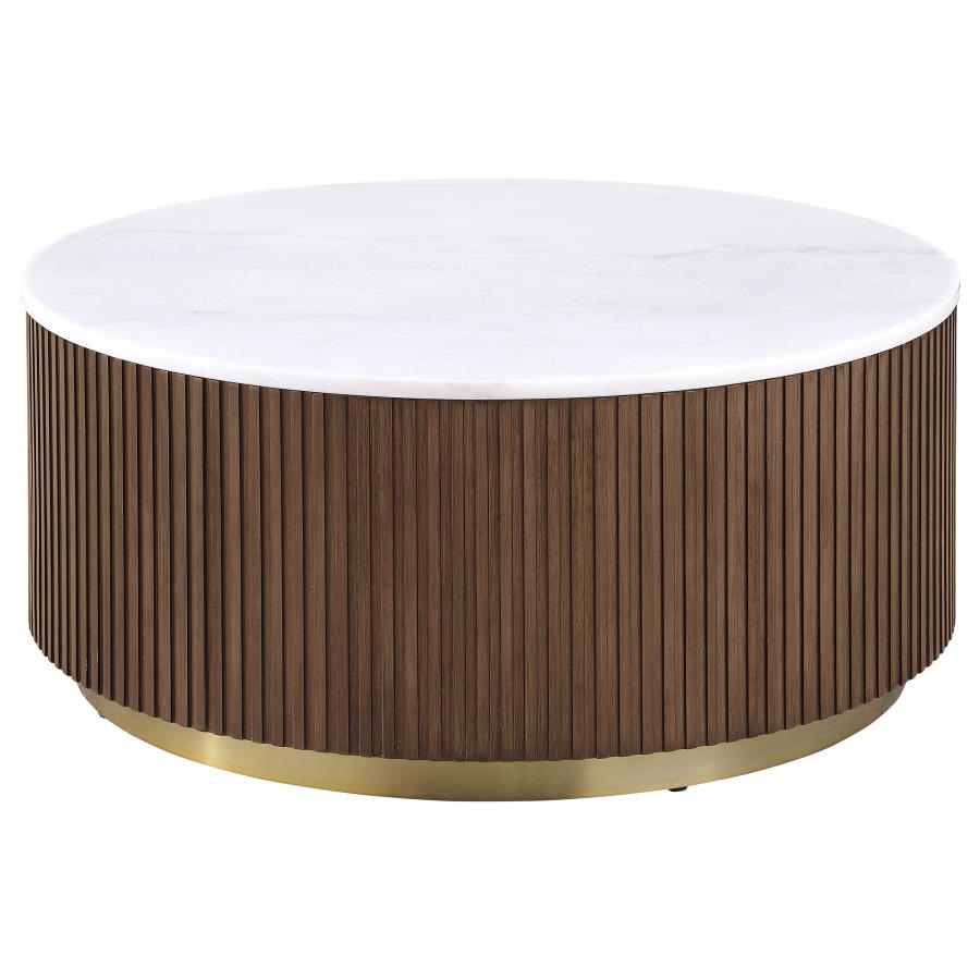 Jason Round White Marble Top Coffee Table - Honey Brown