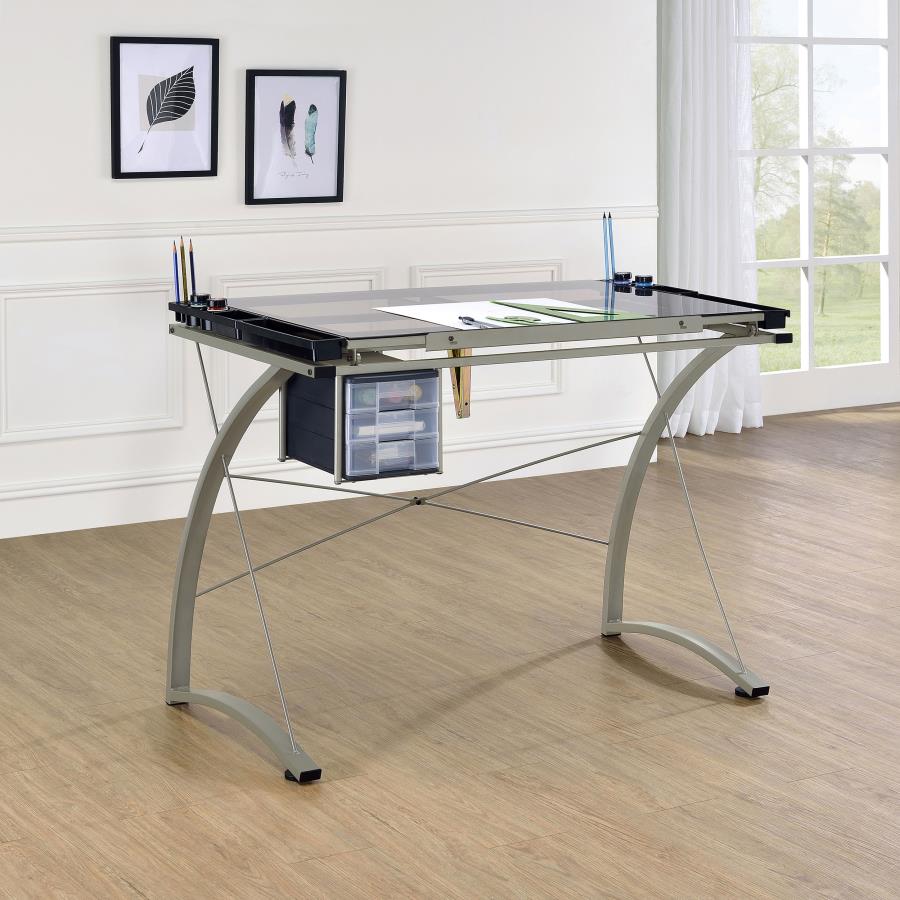 Melo 41-inch Glass Top Drafting Table with Storage - Silver