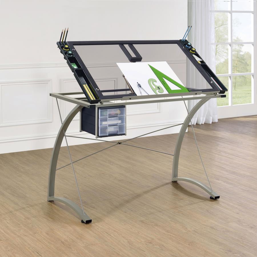 Melo 41-inch Glass Top Drafting Table with Storage - Silver
