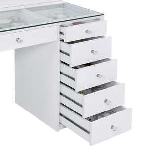 Percy 7-drawer Glass Top Vanity Desk with Lighting White