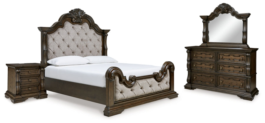 Maylee Upholstered Bed with Mirrored Dresser and Nightstand