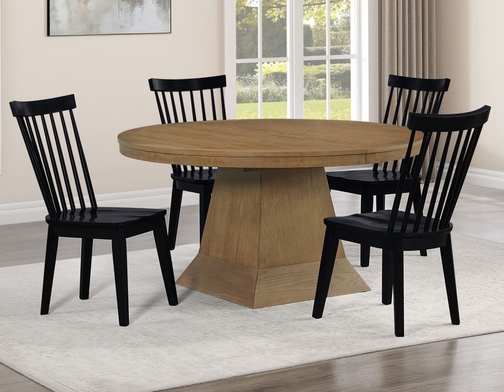 Vaughn 7-Piece 60-96″ w/2-18 Leaves Dining Set, Vintage Oak & Black Finish