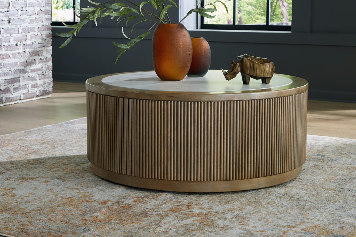 Camdill Round Cocktail Table - Light Brown/White