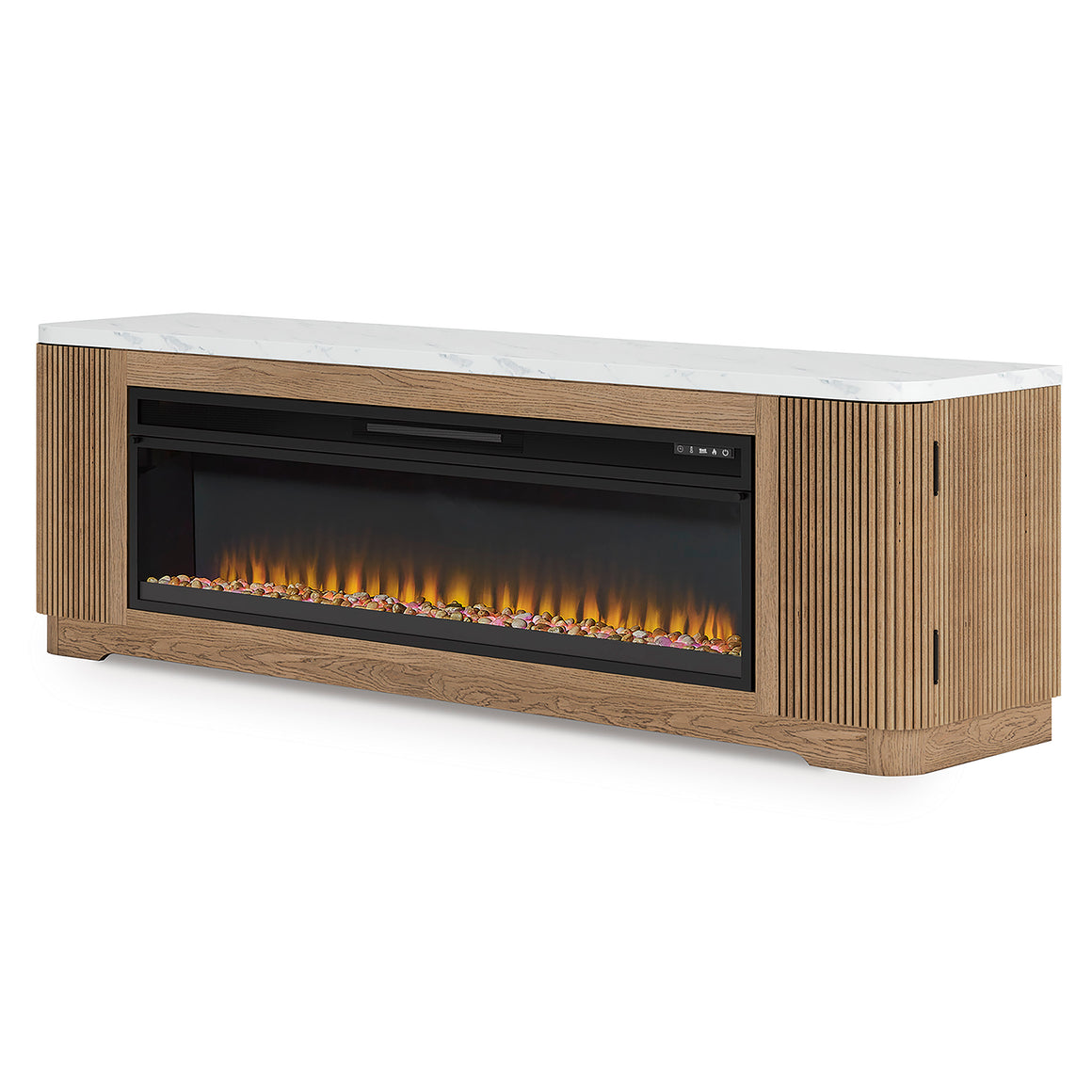 Camdill 80" TV Stand with Electric Fireplace - Light Brown — digitally edited studio background
