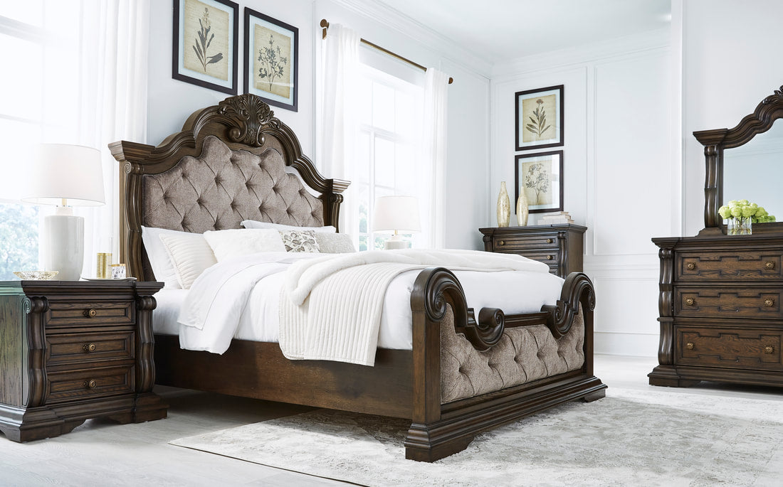 Maylee Dark Brown  Upholstered Bed with Mirrored Dresser, Chest and Nightstand