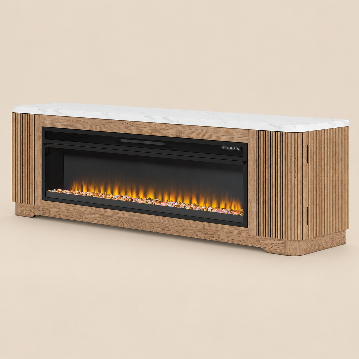 Camdill 80" TV Stand with Electric Fireplace - Light Brown — digitally edited studio background