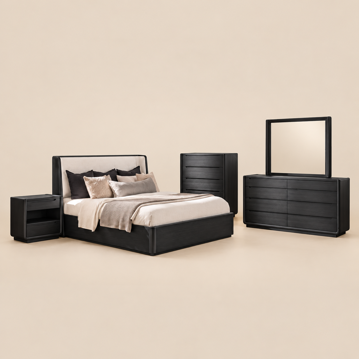 Leandro 5-piece Queen Bedroom Set - Burnished Black — digitally edited studio background