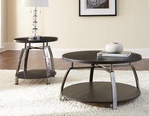 dark brown cofffee table table with chrome accents 