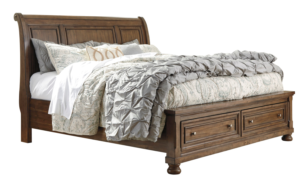 Flynnter King Sleigh Bed with 2 Storage Drawers - Medium Brown