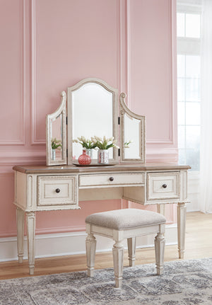 Realyn Vanity and Mirror with Stool - Antique White