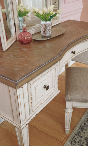 Realyn Vanity and Mirror with Stool - Antique White
