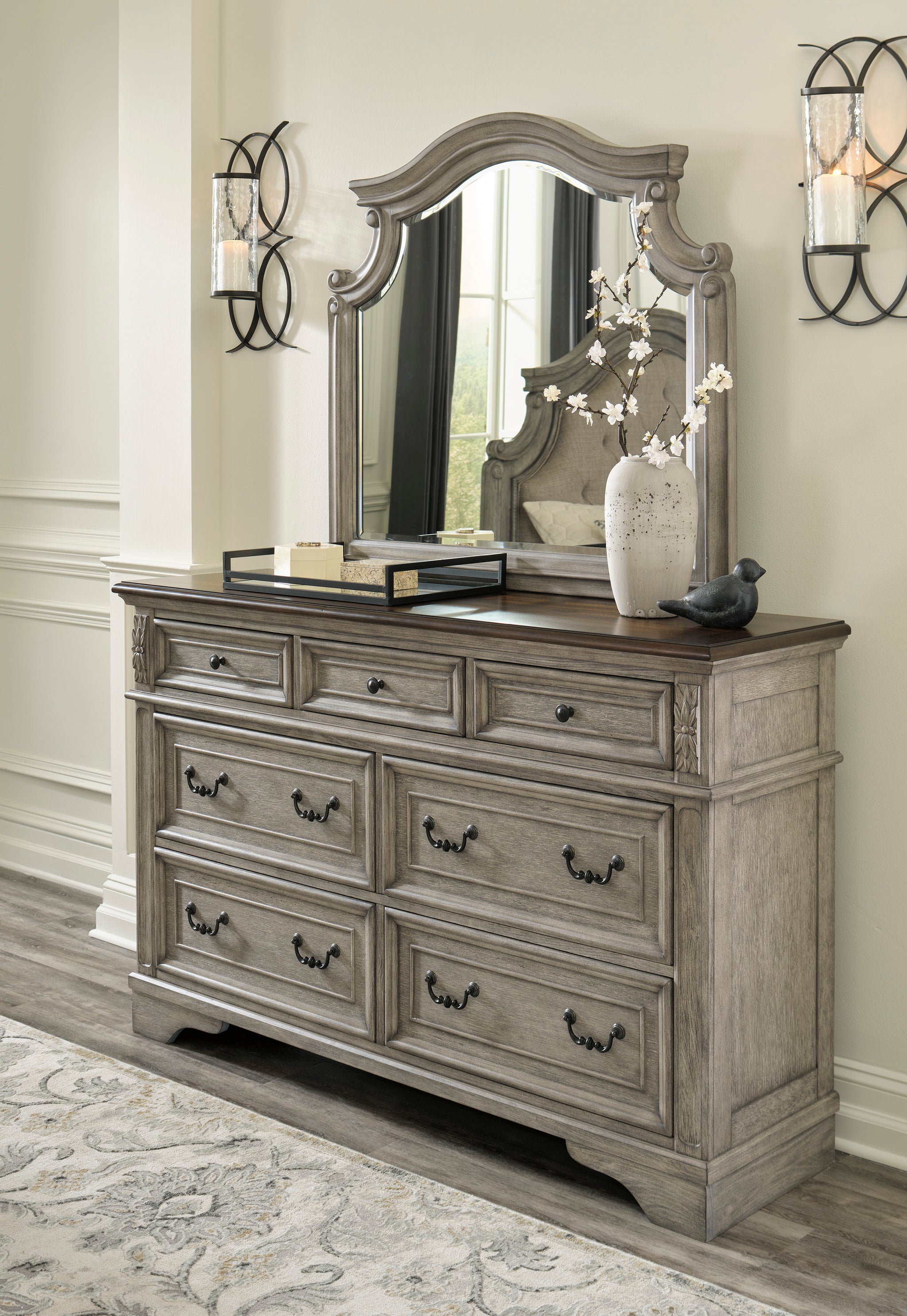 Ashley Lodenbay 7 Drawer Dresser and Mirror, Antique Gray/Brown